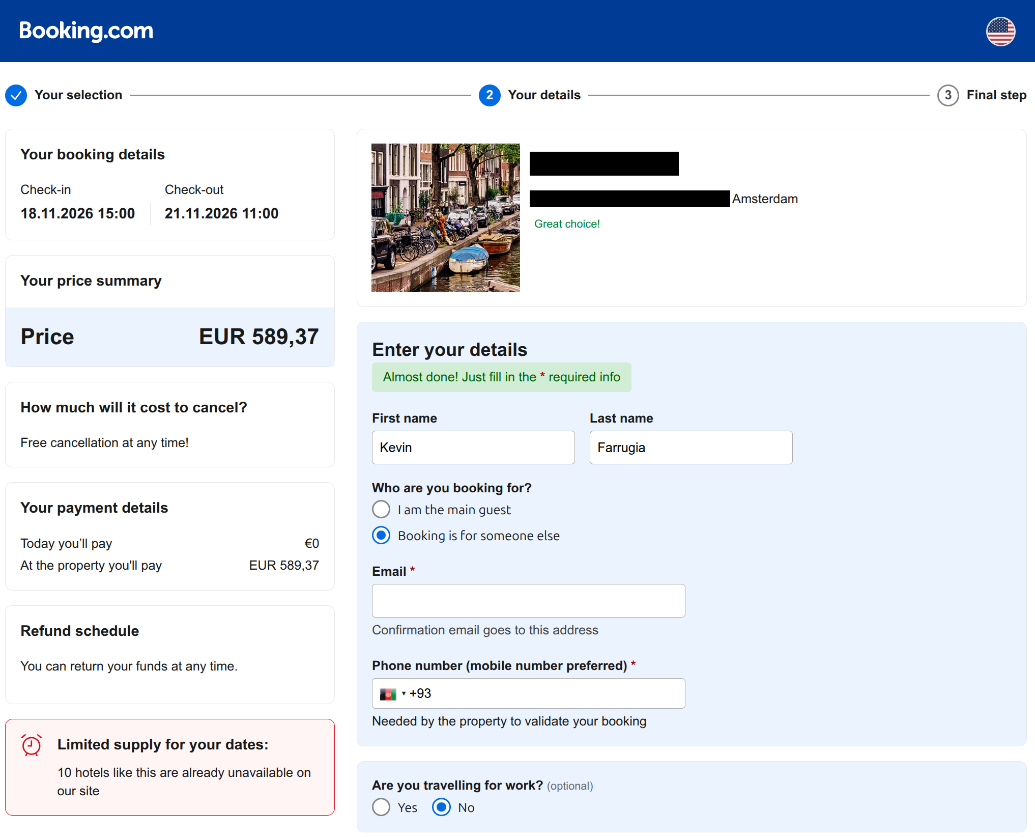 Screenshot of the phishing website that resembles Booking.com