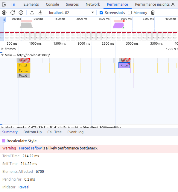 Screenshot from Chrome DevTools showing a 200-millisecond delay labeled Recalculate style